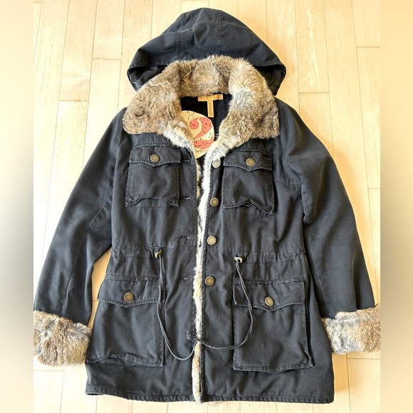 Twilltwentytwo Black Cotton/Canvas Coat with Faux Fur Trim - Detachable Hood, M - Picture 1 of 8